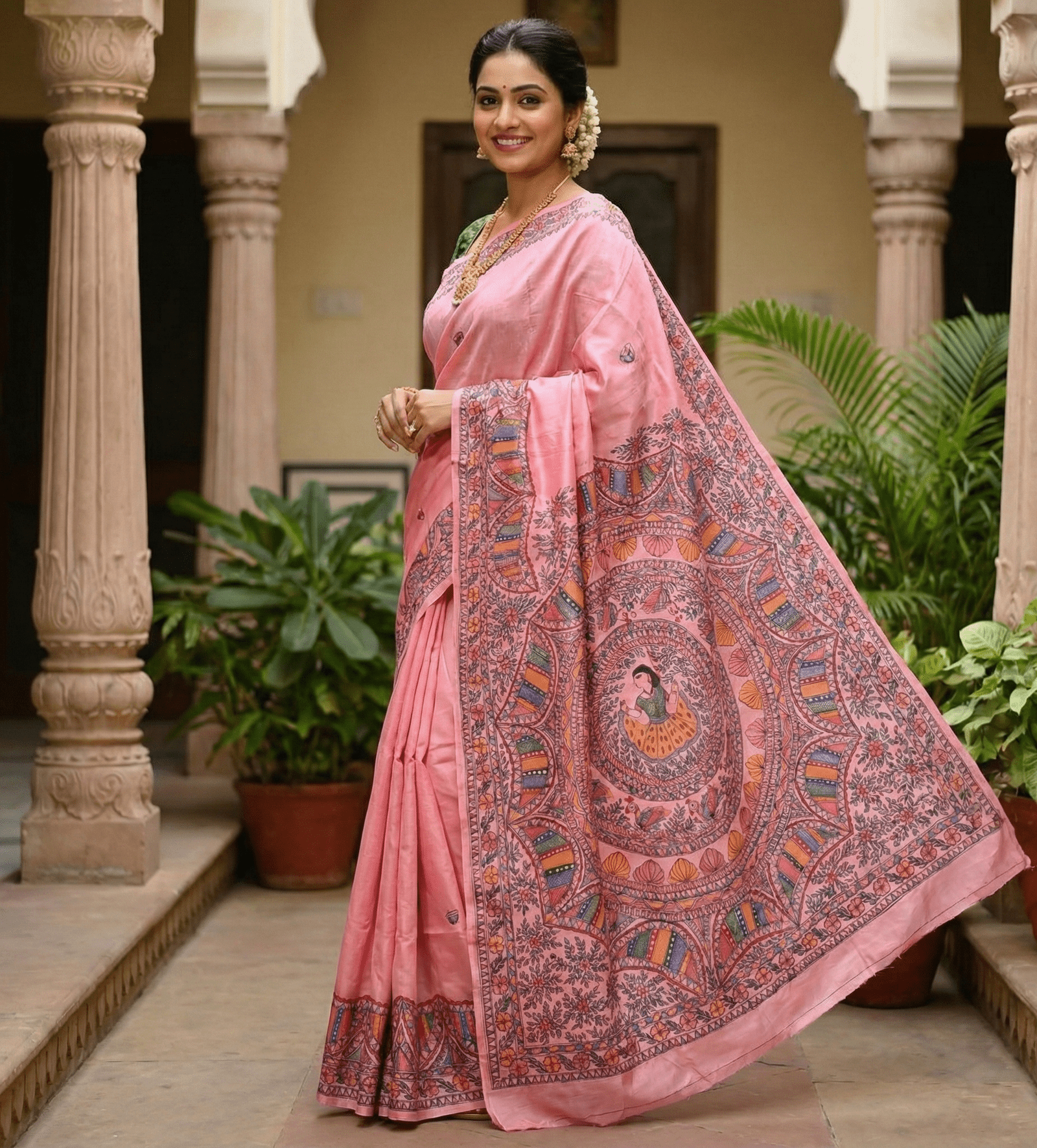 Blush Pink Madhubani Art Saree with Intricate Pallu