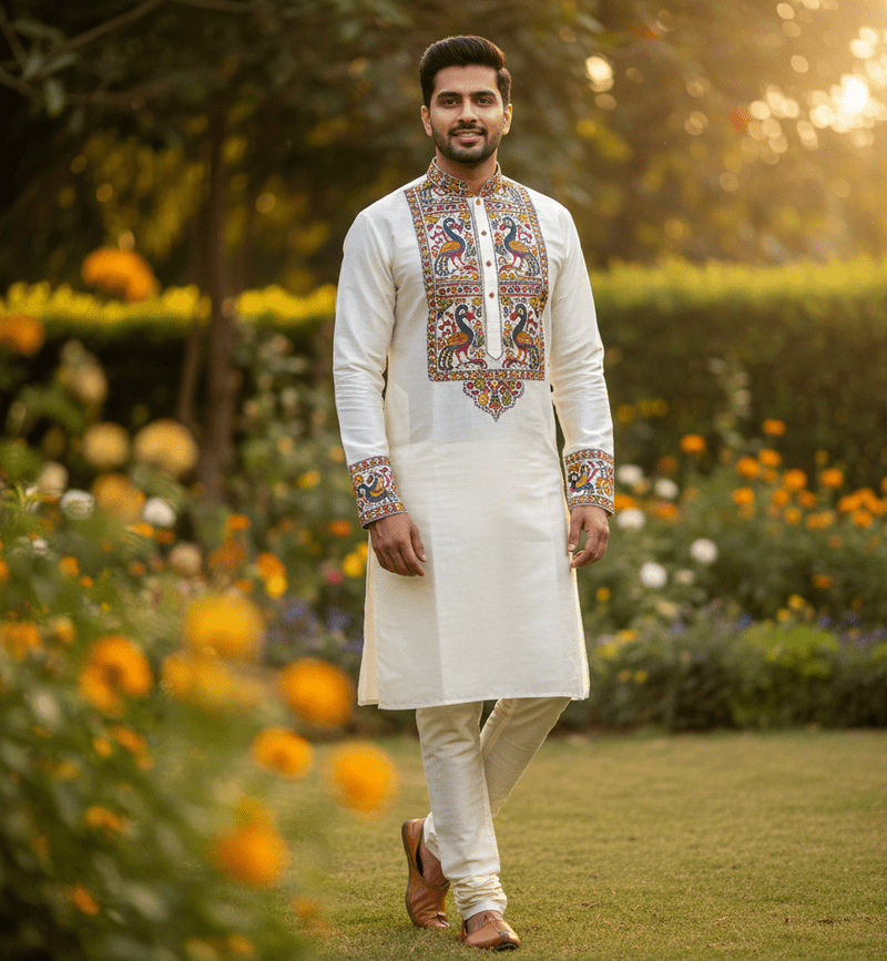 Men's Hand-Painted Madhubani Silk-Cotton Kurta - Image 1