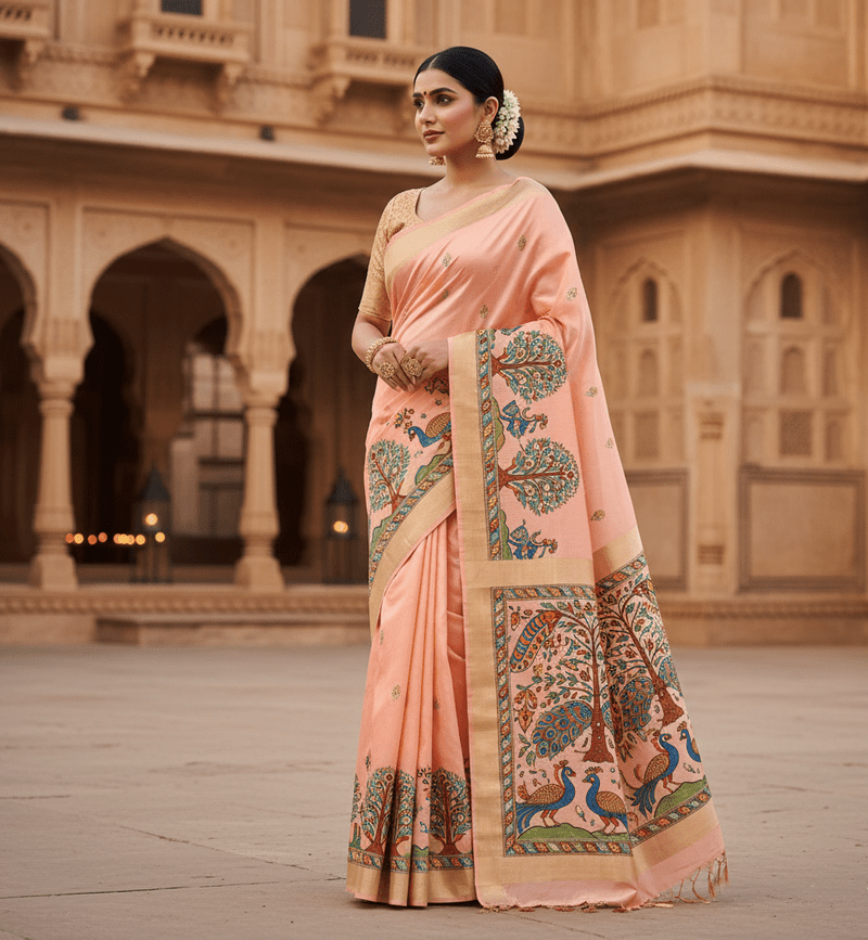 Elegant Handcrafted Chanderi Silk Saree with Zari Borders – Ethnic Occasion Wear for Women - Image 1