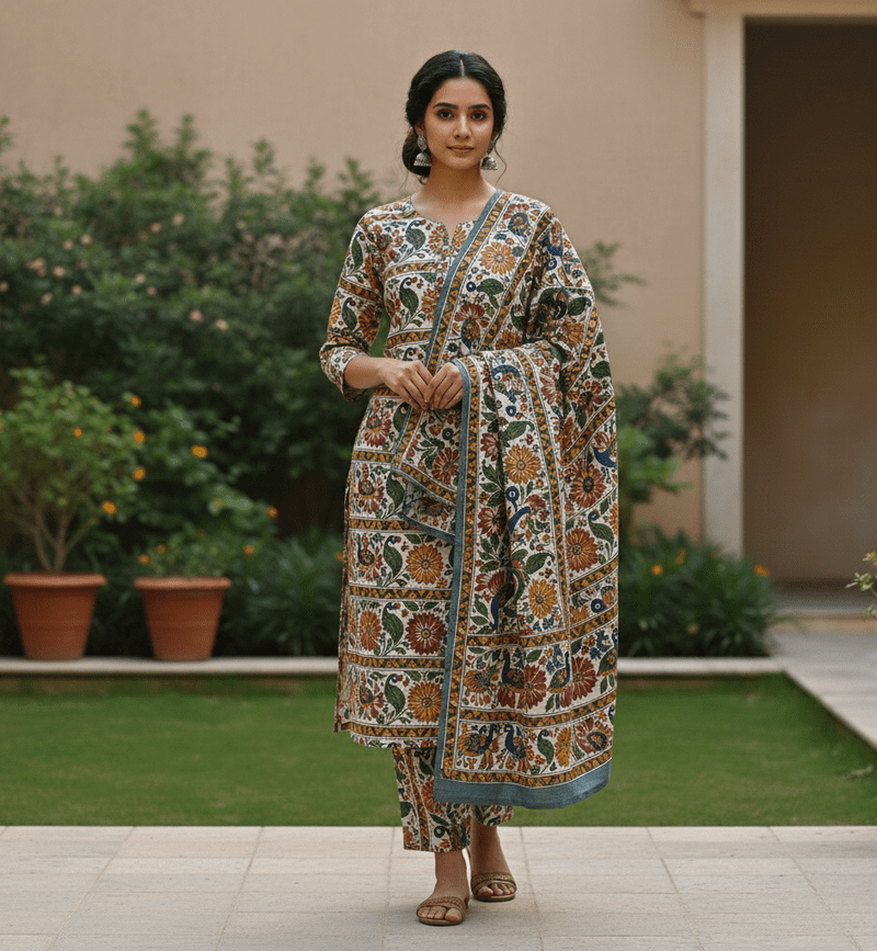 Gemini_Generated_Image_pe0bakpe0bakpe0b Authentic Madhubani Hand-Painted Pure Cotton Suit Set - Image 1