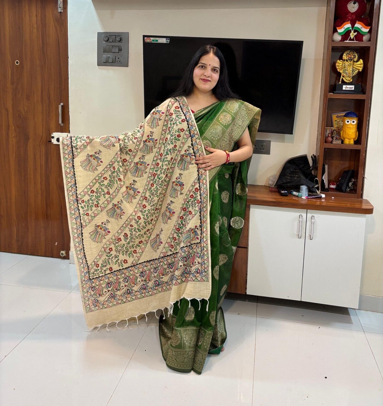 Premium Hand-Painted Madhubani Dupatta – Khadi & Silk Fabric - Image 1