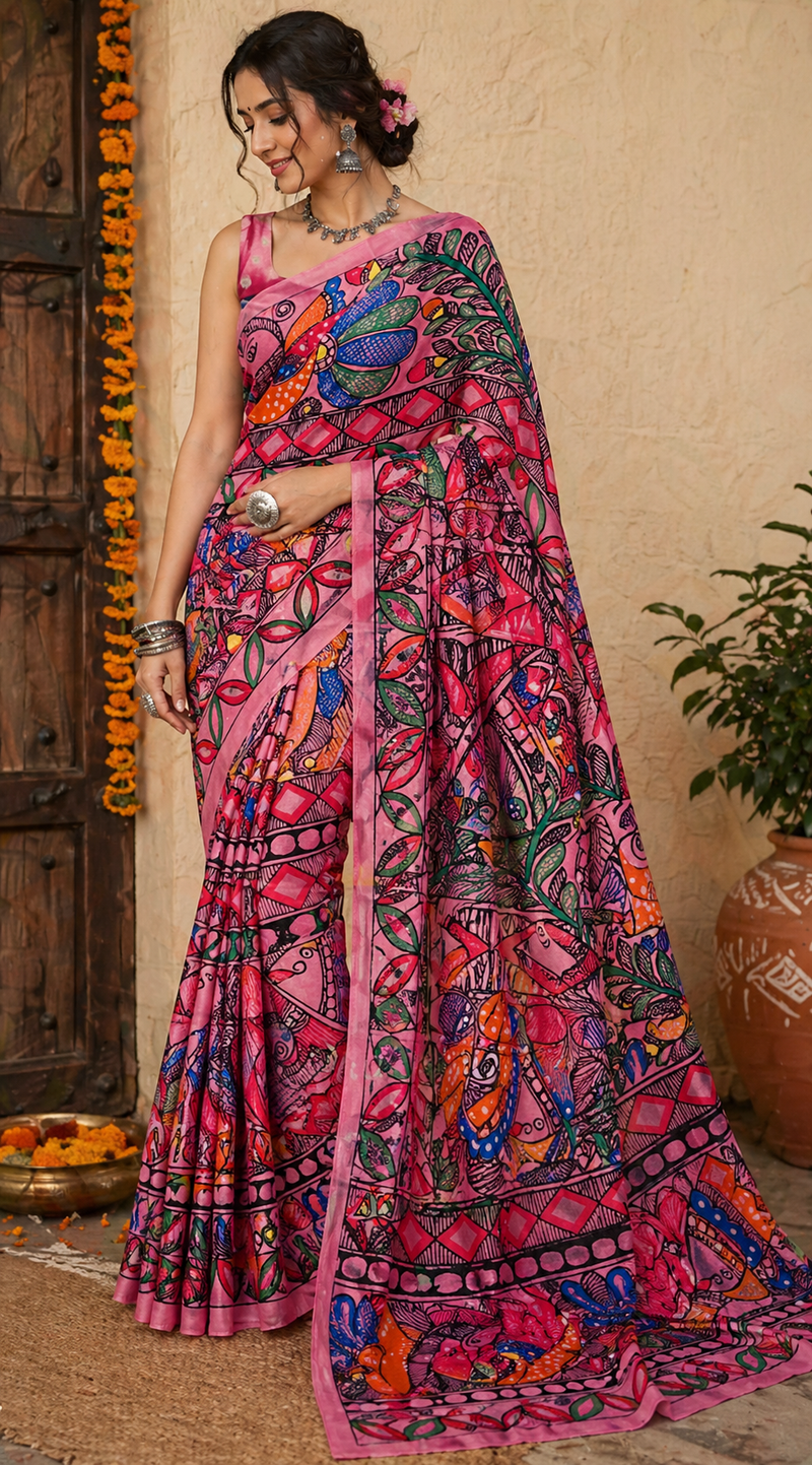 Hand Painted Madhubani Art Banarasi Silk Saree for Women - Image 1