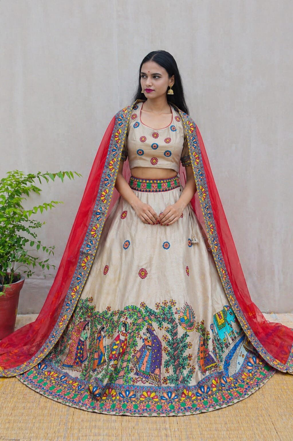 Hand Painted Madhubani Lehenga Set with Dupatta - Image 1