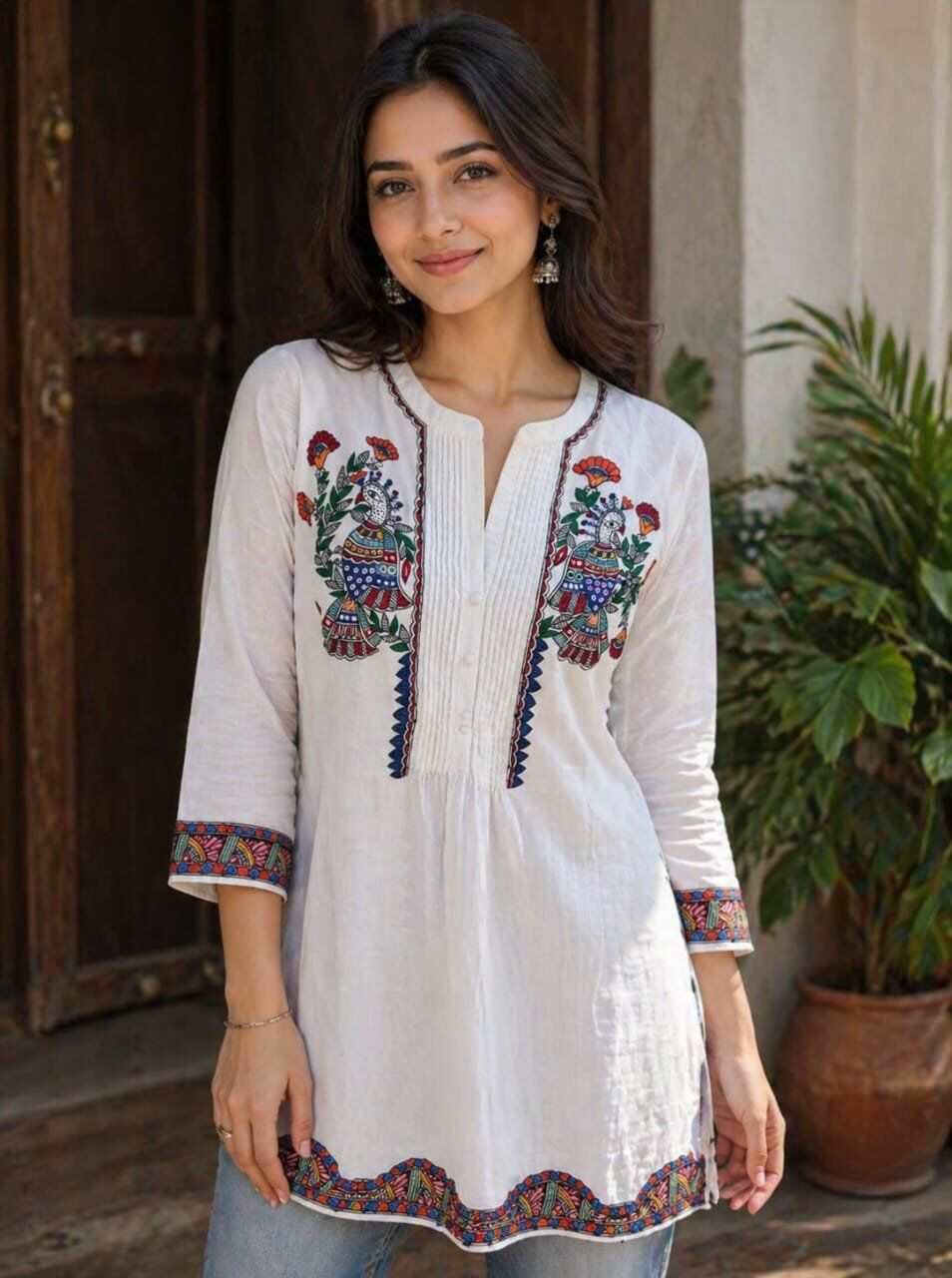 Women's Hand Painted Madhubani Cotton Short Kurti - Image 1