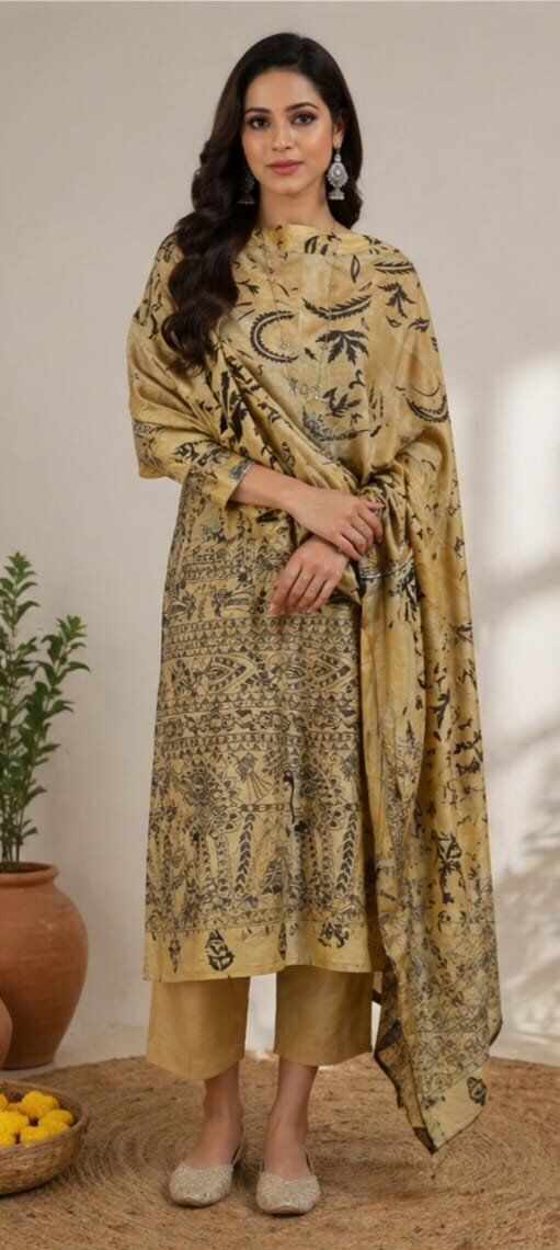 Hand Painted Madhubani Cotton Suit Set for Women - Image 1