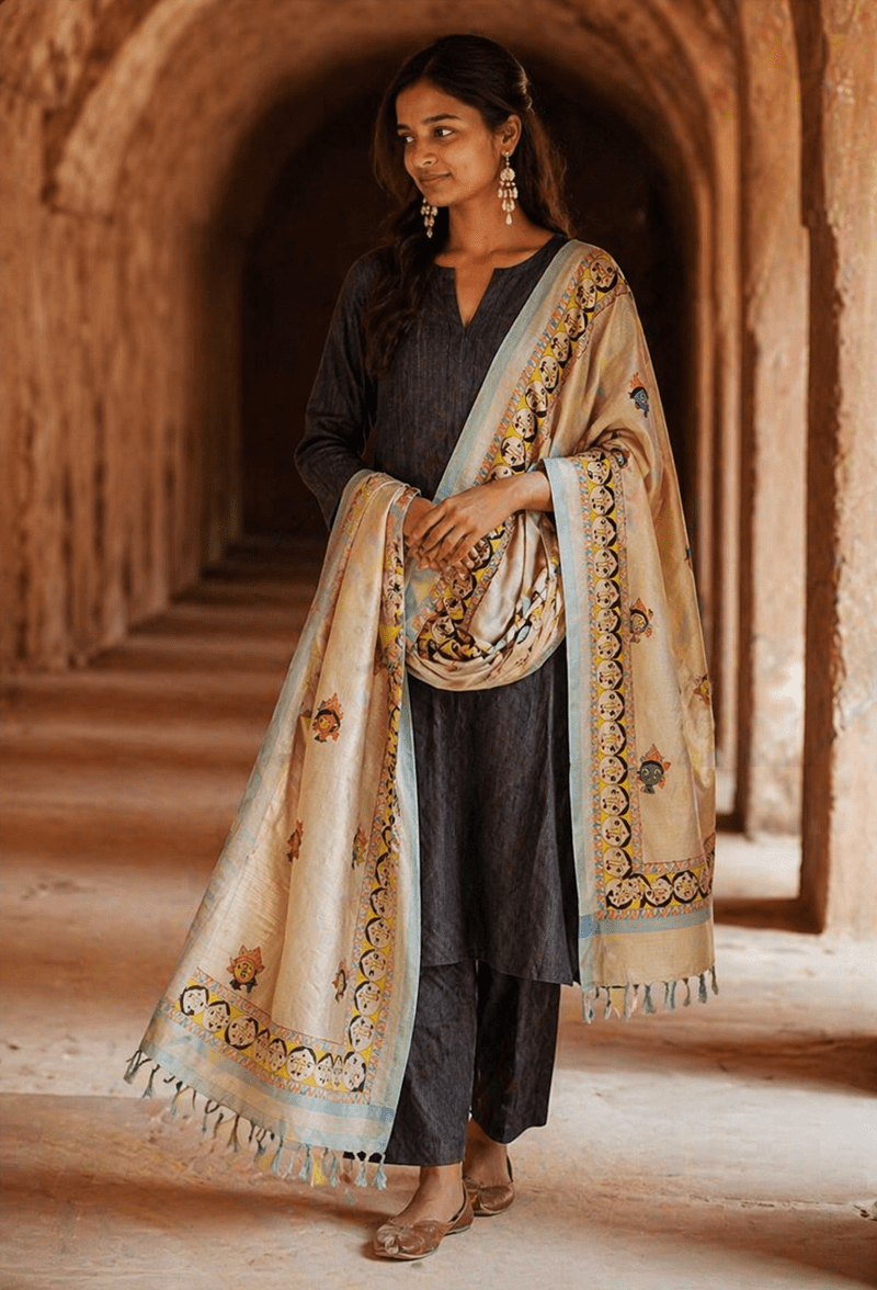 Traditional Hand Painted Silk-Dupatta With Madhubani Art - Image 1