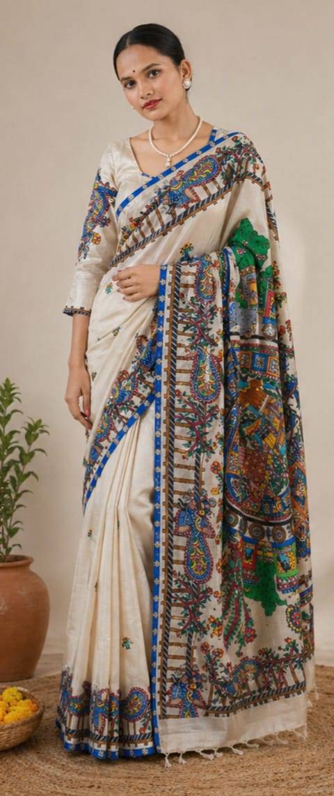Hand Painted Madhubani Tussar Silk Saree for Women - Image 1