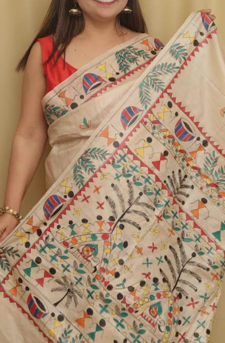 Traditional Hand-Painted cotton saree featuring Madhubani Artwork - Image 1