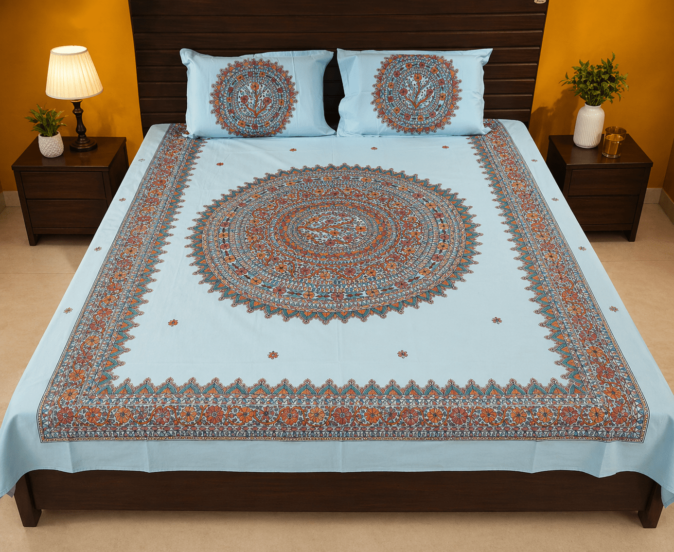 Hand Painted Silk Bedsheet Adorned With Madhubani Design - Image 1