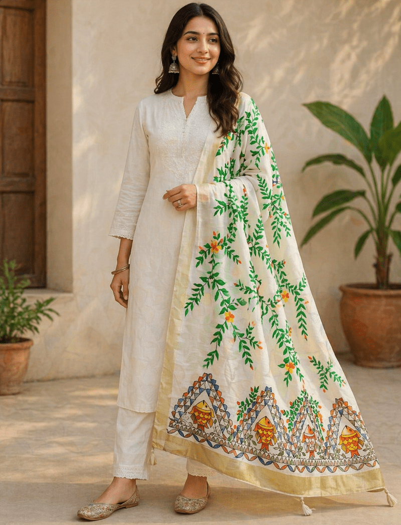 Hand Painted Fish Design Dupatta - Image 1