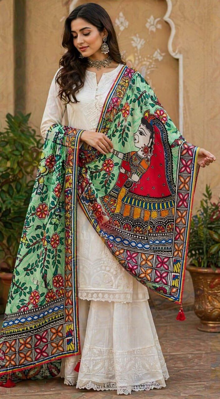 Madhubani Hand-Painted Flower Design Dupatta - Image 1