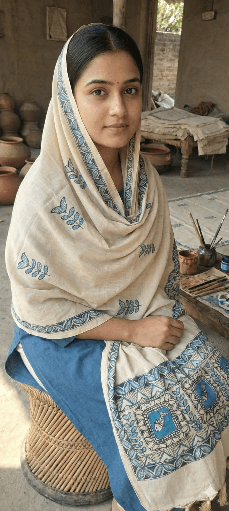 Beige & Blue Madhubani Art Dupatta Beige & Blue Madhubani Art Dupatta